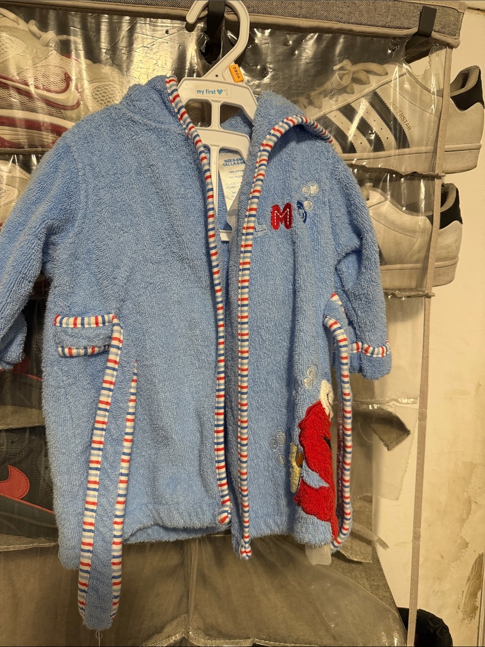 Blue Terry Hooded Kids Jacket with Striped Trim
